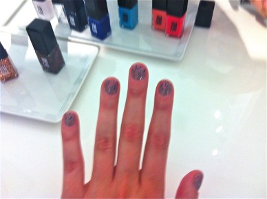 my friend's periwinkle grey and pink glitter mani